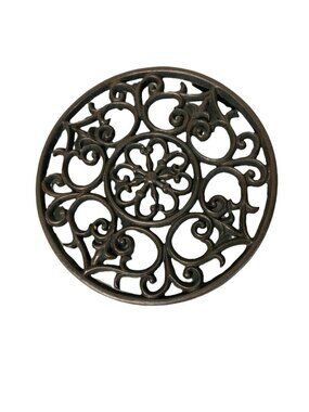 Cast Iron Trivet Round Hearts 9 1/2" Black Footed Wall Hanging Floral Design Hot